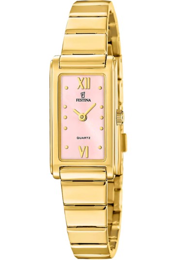Orologio Festina Solo Tempo Rettangolare Quadrante Rosa Index Acciaio Dorato Donna F20768/3