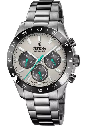 Orologio Festina Cronografo Ghiera Ceramica Quadrante Nero Acciaio Grigio Lancette Verdi Uomo F20703/1