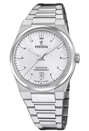 Orologio Festina Rive Swiss Made Solo Tempo Datario Quadrante Grigio Chiaro Acciaio Uomo F20051/1