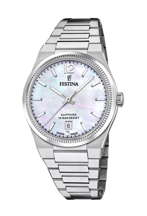 Orologio Festina Rive Lady Swiss Made Solo Tempo Datario Quadrante Madreperla Acciaio Donna F20052/1