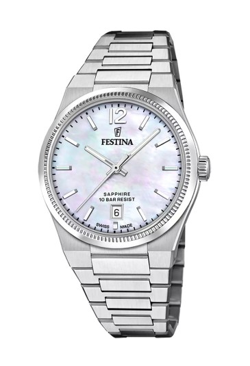 Orologio Festina Rive Lady Swiss Made Solo Tempo Datario Quadrante Madreperla Acciaio Donna F20052/1