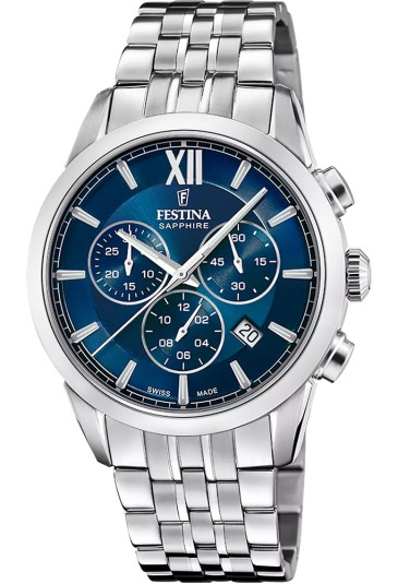 Orologio Festina Chrono Swiss Made Datario Quadrante Blu Acciaio Uomo F20040/2