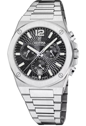 Orologio Festina Chrono Vallee Swiss Made Datario Quadrante Nero Acciaio Uomo F22002/4