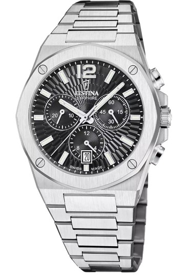 Orologio Festina Chrono Vallee Swiss Made Datario Quadrante Nero Acciaio Uomo F22002/4