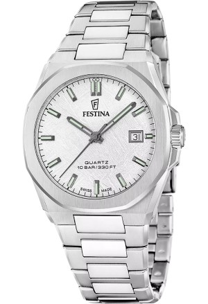 Orologio Festina Classic Swiss Made Solo Tempo Datario Quadrante Bianco Acciaio Uomo F20100/1