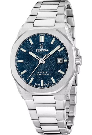 Orologio Festina Classic Swiss Made Solo Tempo Datario Quadrante Blu Acciaio Uomo F20100/4