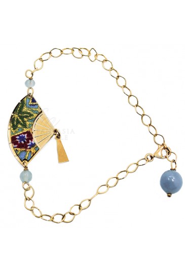Bracciale Fujiyama Ventaglio Mini Argento Seta Pietre Color Celeste Sfumato Lebole Gioielli 9ZIXXFM