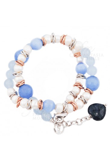 Bracciale Donna Doppio Giro Occhio Gatto Angelite Perle Lapis Sovrani J2483