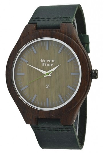 Orologio Uomo Legno Sandalo Cinturino Cuoio Brown Wood Green Time ZW017C