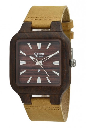 Orologio Uomo Quadrato Legno Sandalo Cinturino Cuoio Brown Wood Green Time ZW018A