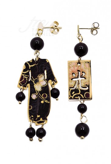 Orecchini Kimono Mini Argento Seta Pietre Color Nero Lebole Gioielli TZ8R5FM