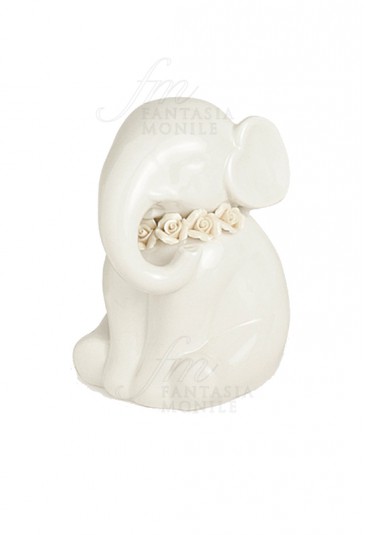 Elefante Portafortuna Porcellana Bianca Roselline Handmade Hervit 25445C