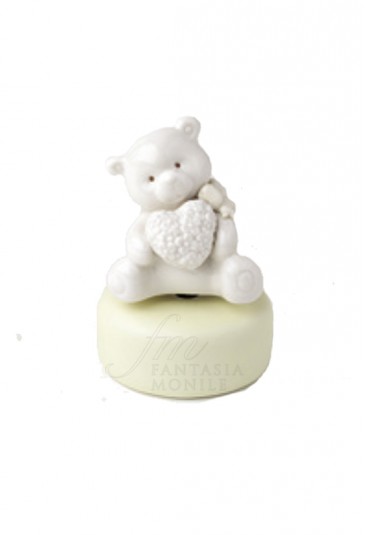 Carillon Orsetto Bianco Porcellana Fiocco Base Gialla Bomboniera Hervit 25942