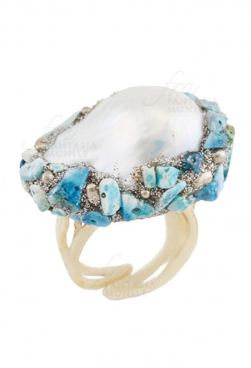 Anello Argento Donna Perla Barocca Pietre Azzurre Turchese Design Cabochon Fantasia Monile ZRXEAFM