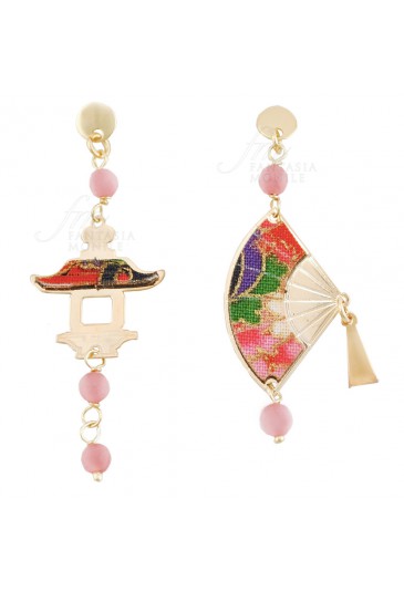 Orecchini Lebole Gioielli Fujiyama Mini Ventaglio Argento Seta Giapponese Pietra Rosa Sfaccettata 4KZGBFM