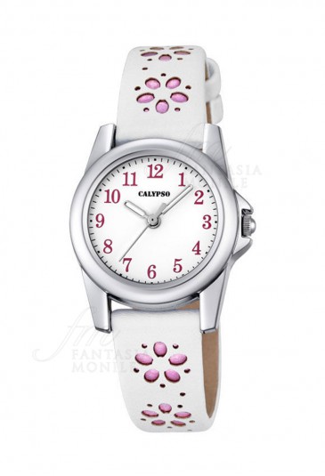 Orologio Calypso Junior Collection Kids Bambina Cassa Acciaio Cinturino Bianco Rosa Fiori K5712/2