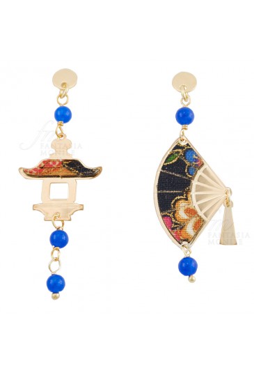 Orecchini Lebole Gioielli Fujiyama Mini Ventaglio Argento Seta Giapponese Pietra Blu YLXNQFM