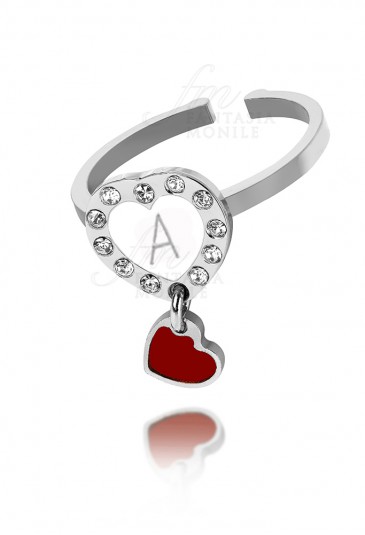 Anello Dvccio Cuore Rosso Smalto Bianco Bronzo Silver Lettera A Charm O6QB0FM