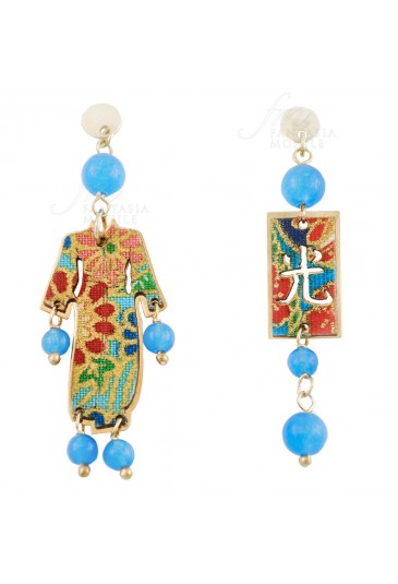 Orecchini Lebole Gioielli Kimono Mini Argento Seta Giapponese Pietra Azzurra QH0FEFM