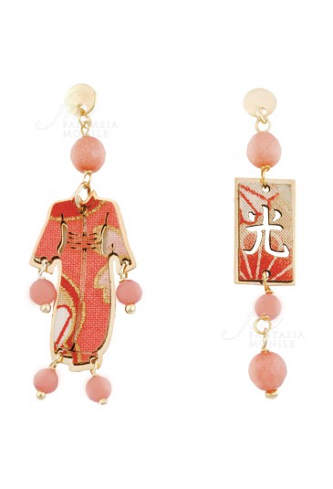 Orecchini Lebole Gioielli Kimono Mini Argento Seta Giapponese Pietra Rosa Sfaccettata AJJUXFM