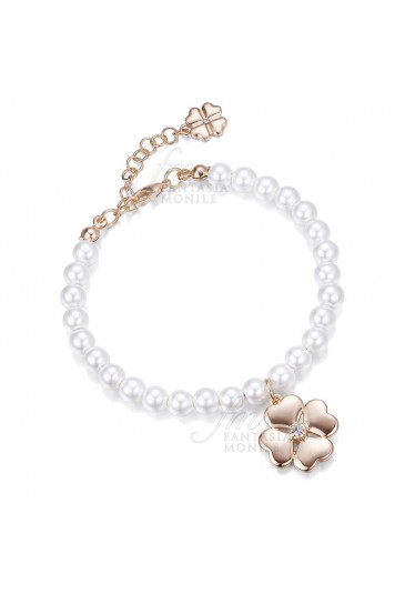 Bracciale Luca Barra Donna Perle Sintetiche Charm Quadrifoglio Acciaio Rosa BK1446
