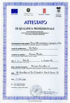 Attestato di qualificazione professionale come tecnico di manutenzione e riparazione orologi - Francesco Meschini