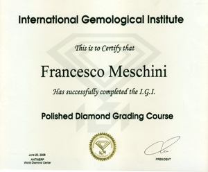 Certificato di partecipazione al corso Polished Diamond Grading - Francesco Meschini