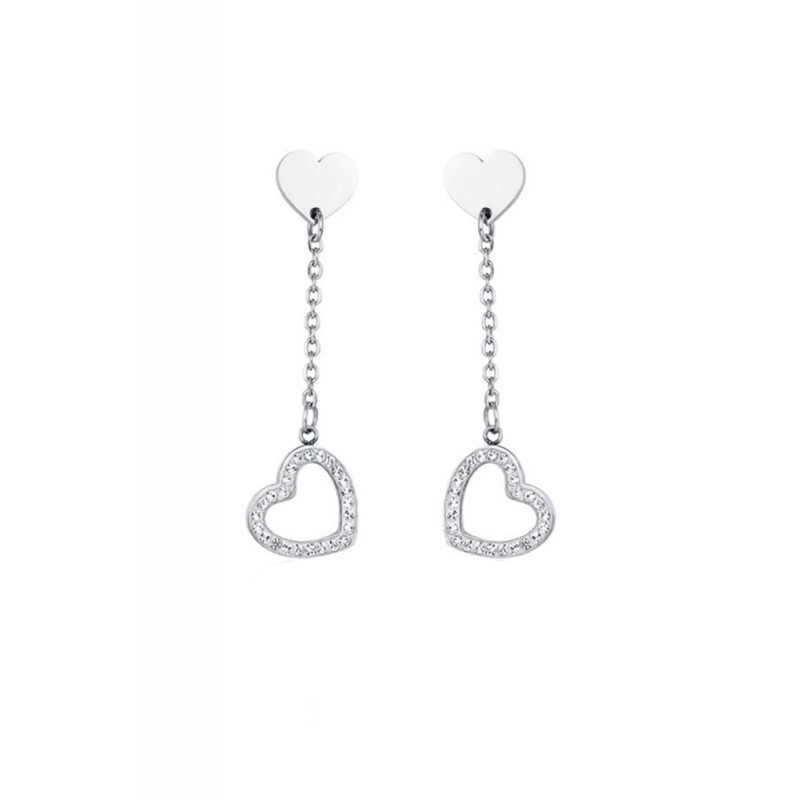 Orecchini a cuore in oro bianco 18k con contorno in diamanti e diamante centrale, 0.50x0.65 cm | GV